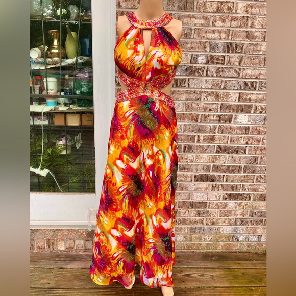 Watercolor Rainbow Rhinestone Halter Prom Dress - Picture 2 of 12